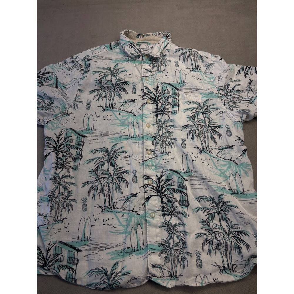 Tommy Bahama Mens XL Tropical Scenic Print 100% Linen Short Sleeve Shirt Teal